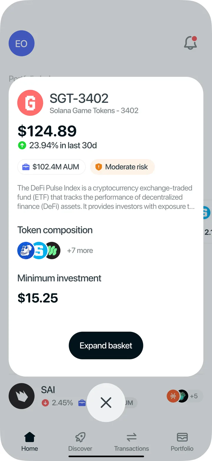 Bazkets basket detail modal with performance, risk, composition, and an expand action