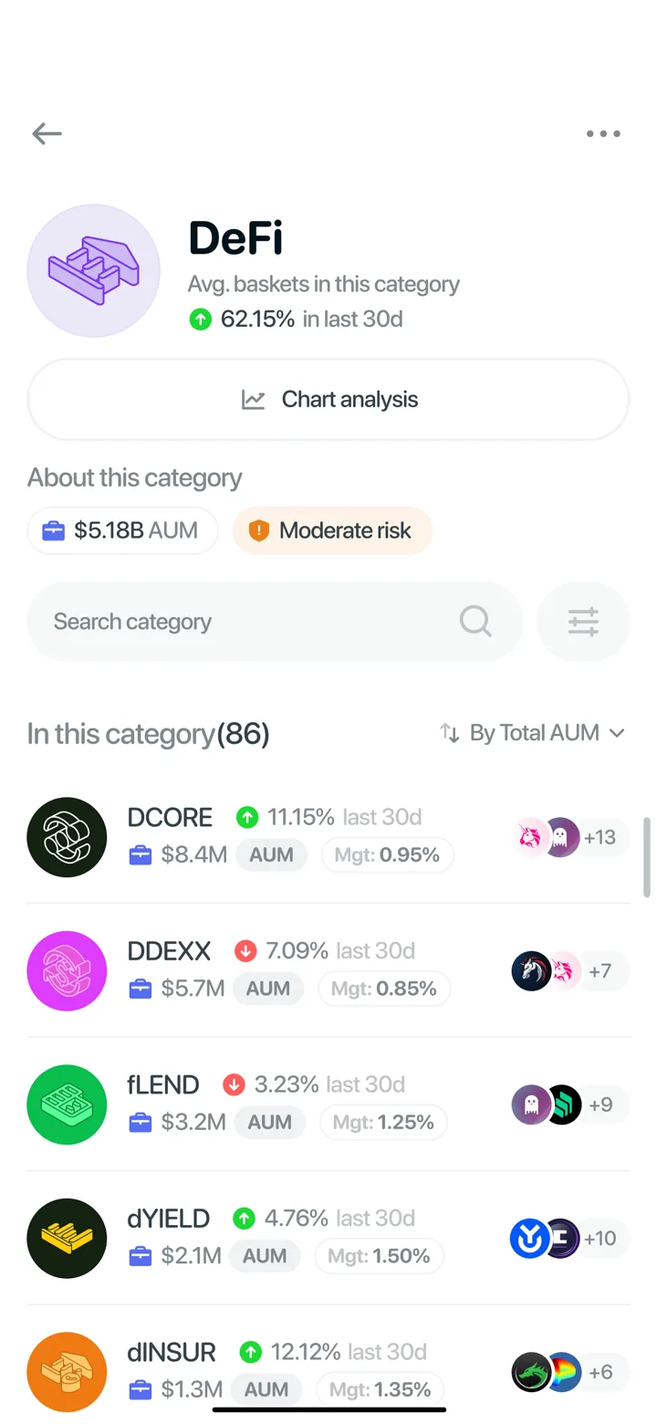 Bazkets DeFi category screen with risk, assets, and searchable baskets