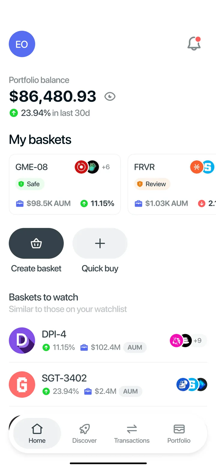Bazkets home screen showing portfolio balance, baskets, and watchlist assets