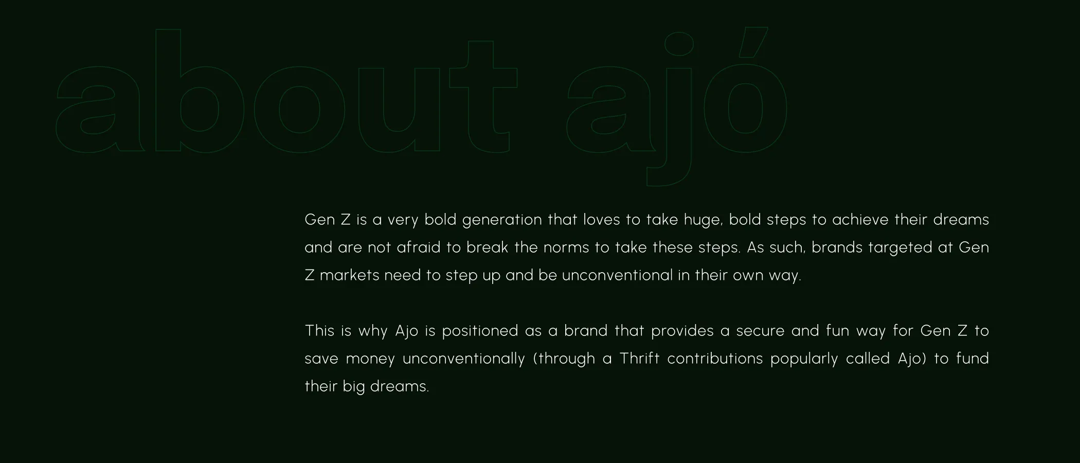 About Ajo board explaining that Gen Z takes bold steps toward their dreams, so Ajo is positioned as a secure and fun way to save unconventionally through thrift contributions