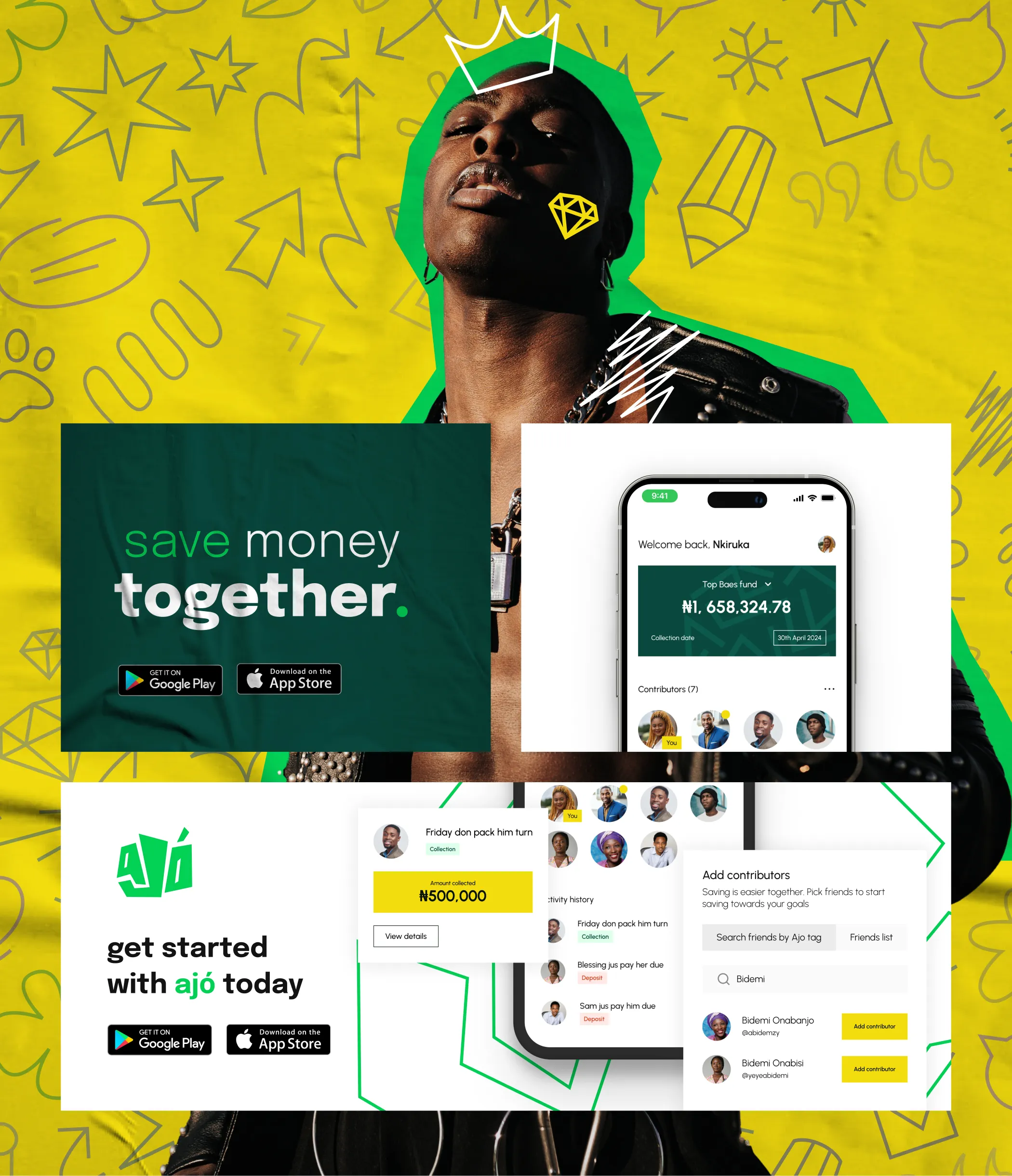App screens showing a savings target, contributor list and the line save money together