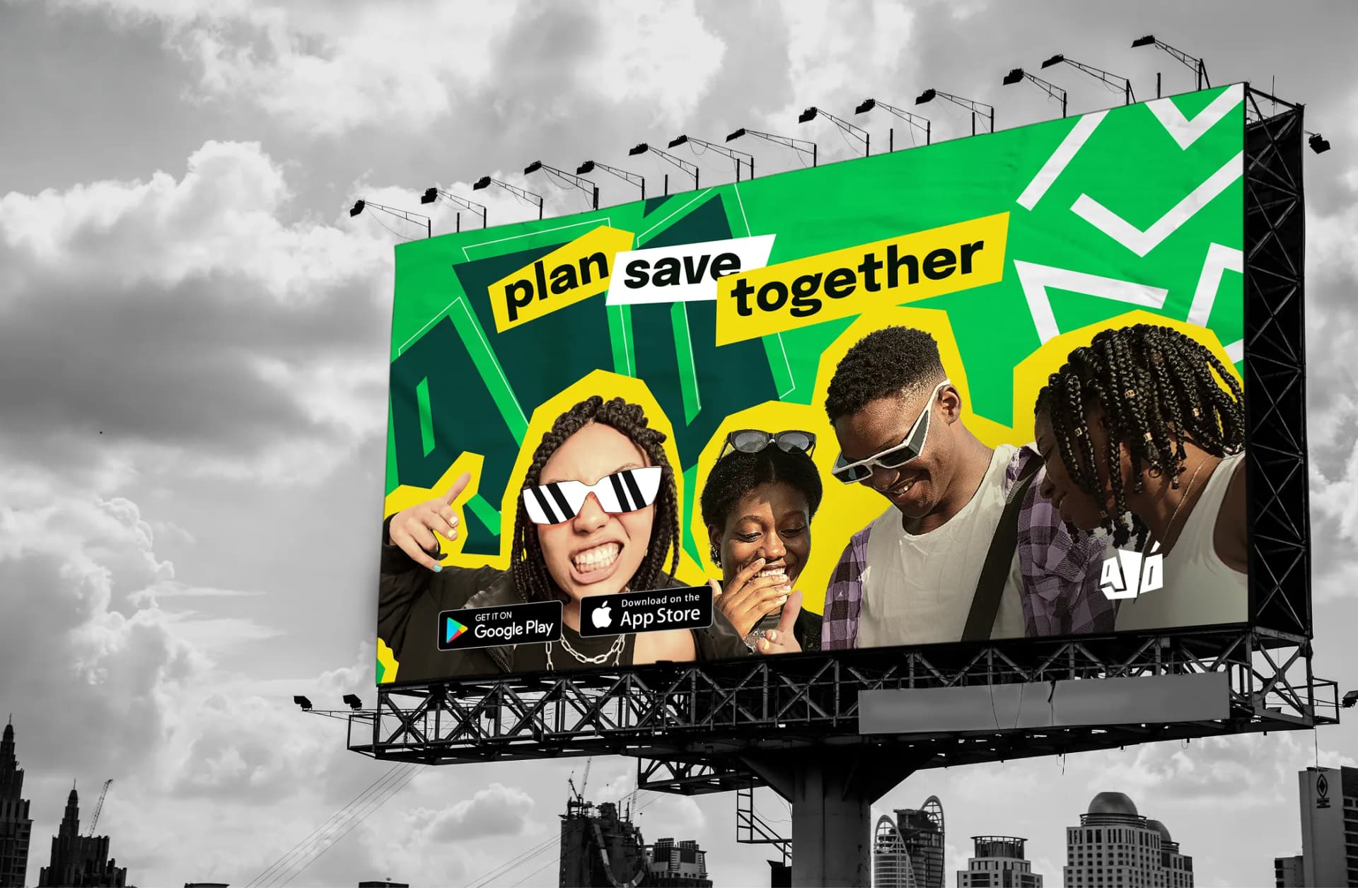 Ajo billboard reading plan save together above a city skyline