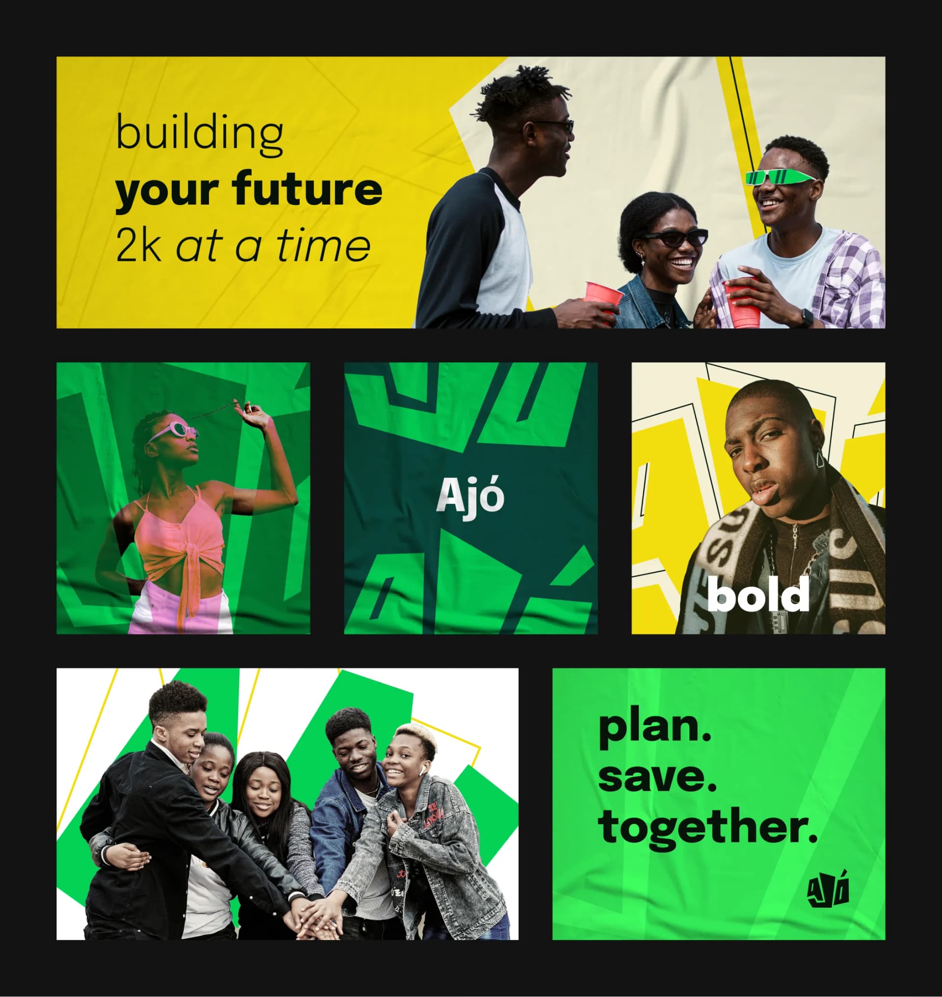 Campaign grid with the lines building your future 2k at a time, bold, and plan save together