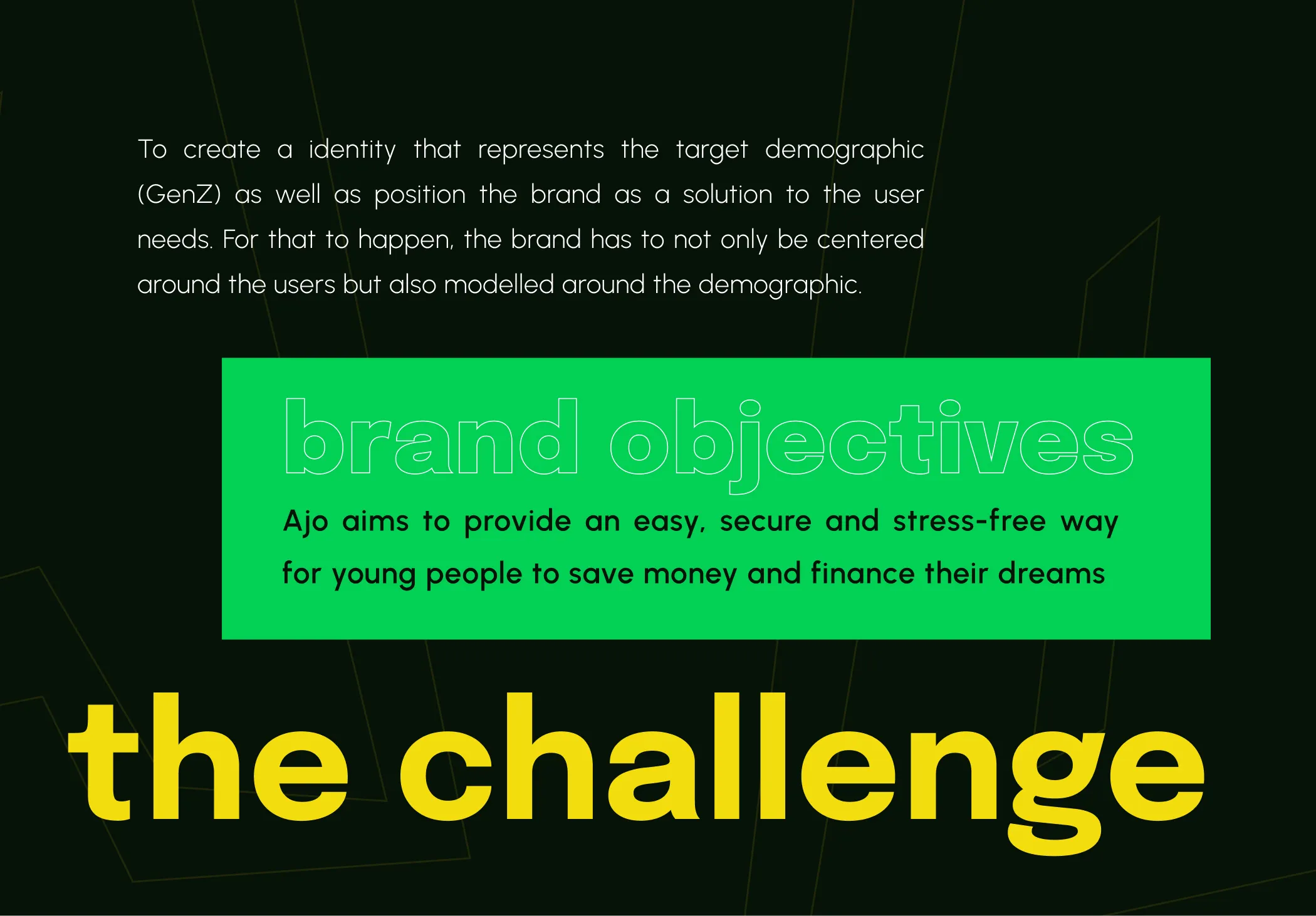 The challenge board stating the brand objective: an easy, secure and stress-free way for young people to save money and finance their dreams