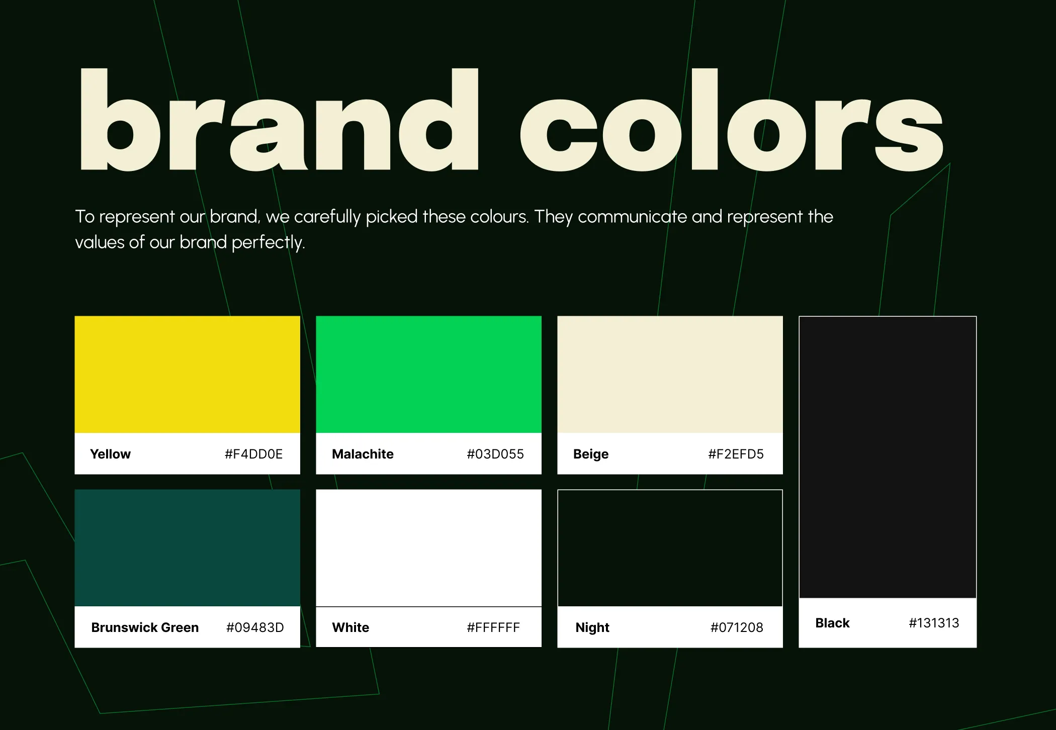 Brand colour palette: yellow, malachite, beige, brunswick green, white, night and black with hex values