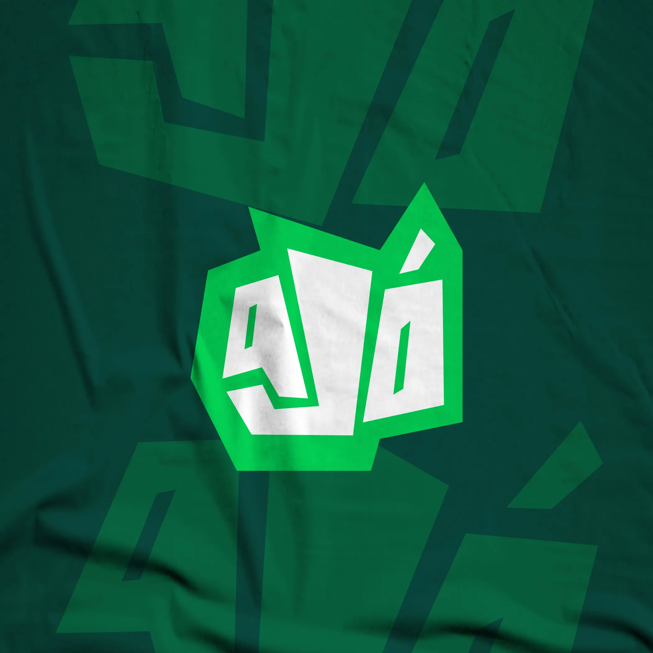 The Ajo mark printed large on green fabric