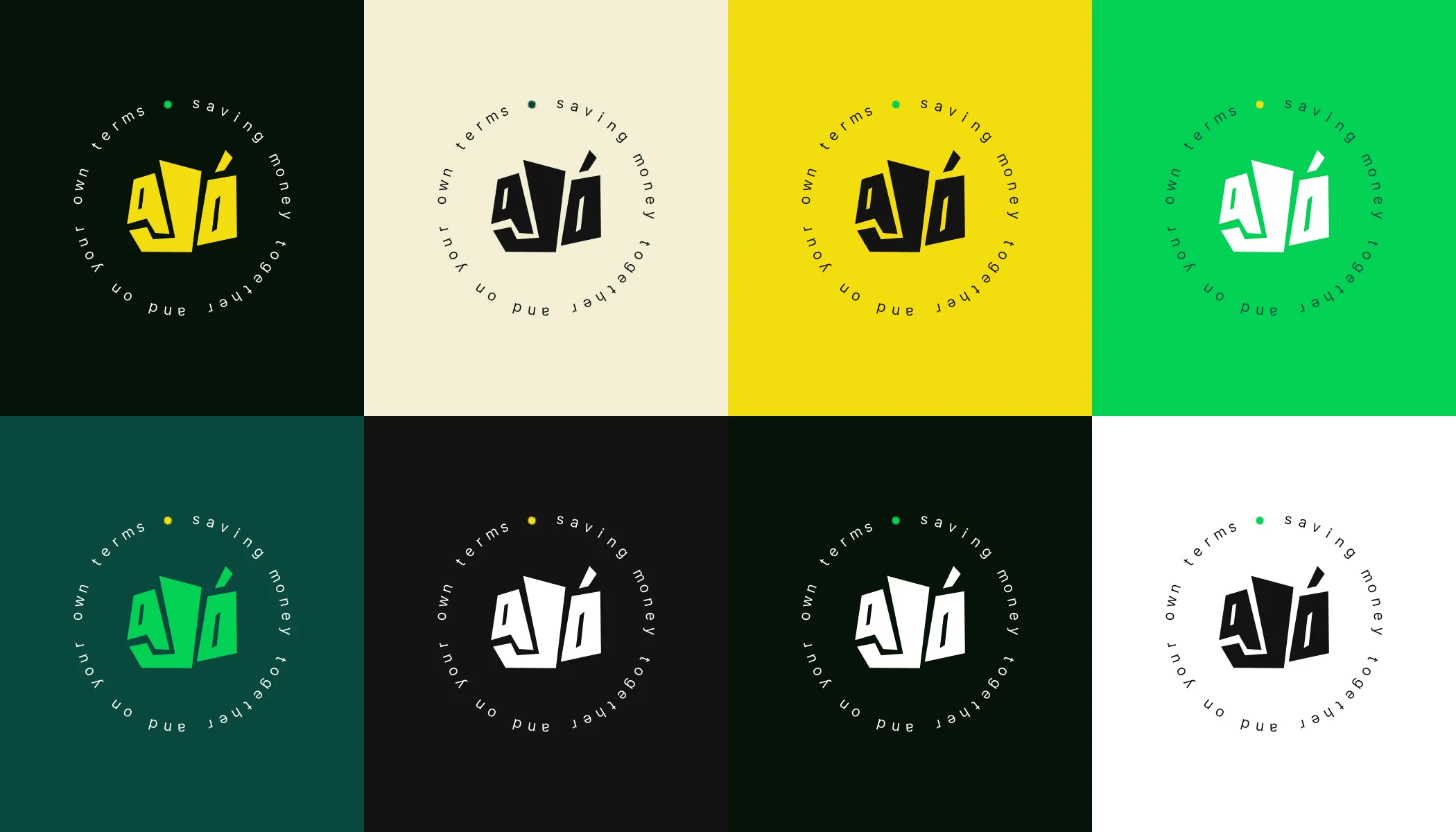 Eight lockups of the Ajo mark across yellow, green, beige, dark green, black and white backgrounds