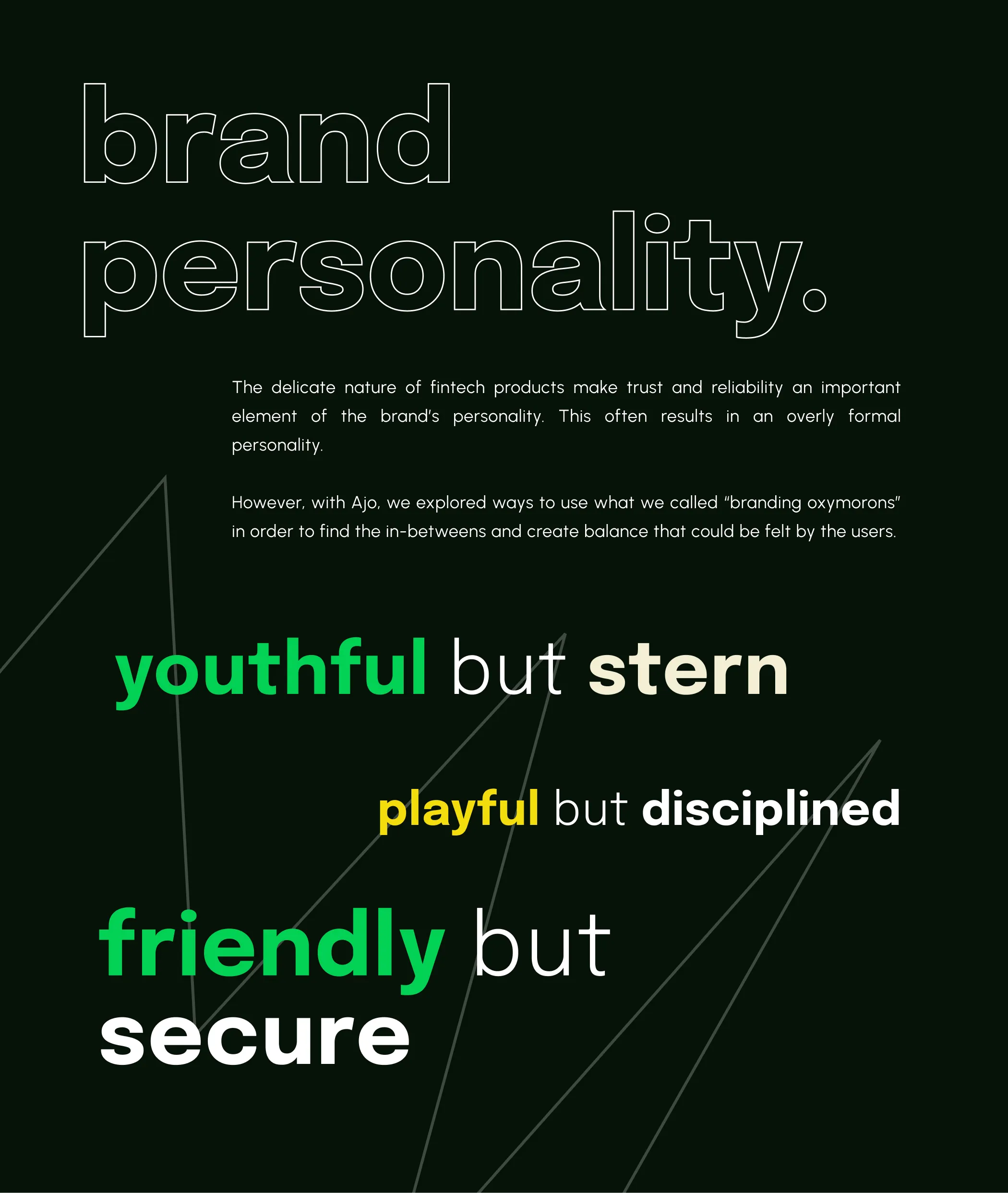 Brand personality board showing three pairings: youthful but stern, playful but disciplined, friendly but secure