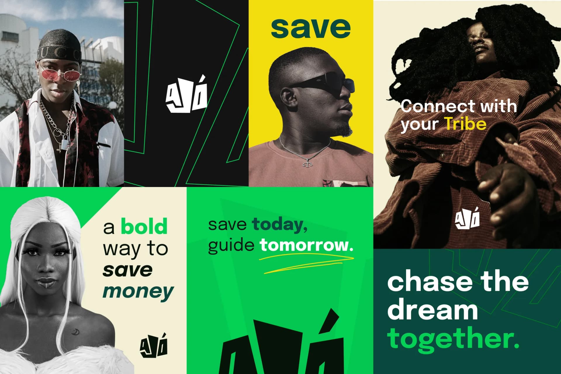 Social posts including save today guide tomorrow, connect with your tribe, a bold way to save money and chase the dream together