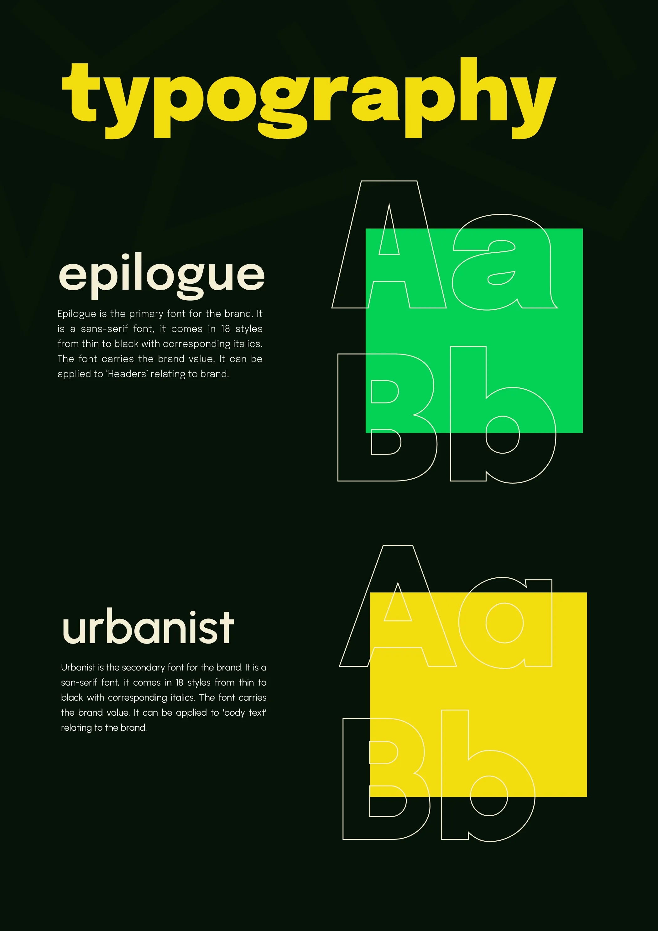 Typography board pairing Epilogue for headings with Urbanist for body text