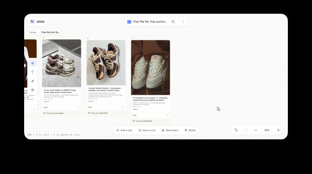 Cnvs canvas with saved sneaker references arranged as visual clips