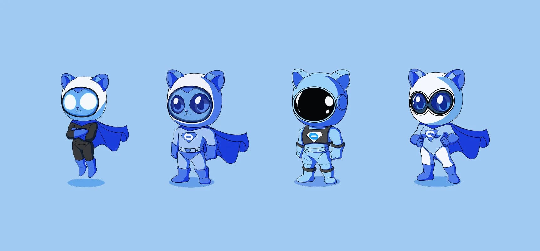 Four costume variants of the Sudocat mascot standing side by side, from a caped bodysuit to a full helmeted spacesuit