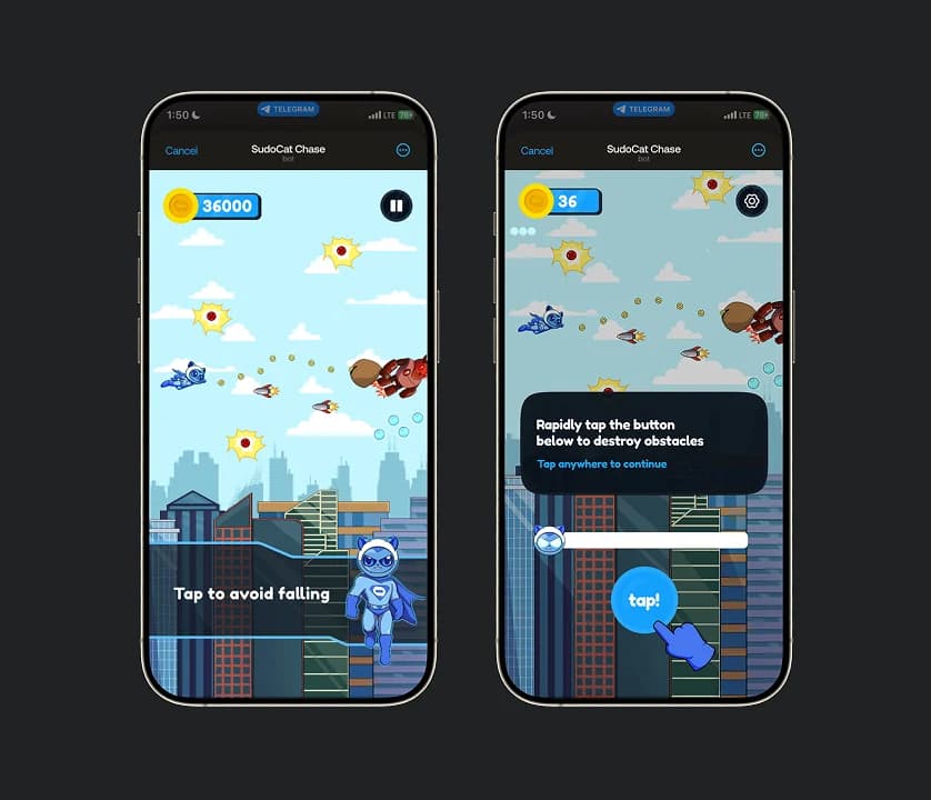 Two phone screens: a run in progress with a coin counter and the prompt tap to avoid falling, and a Quick Time Event asking the player to rapidly tap to destroy obstacles