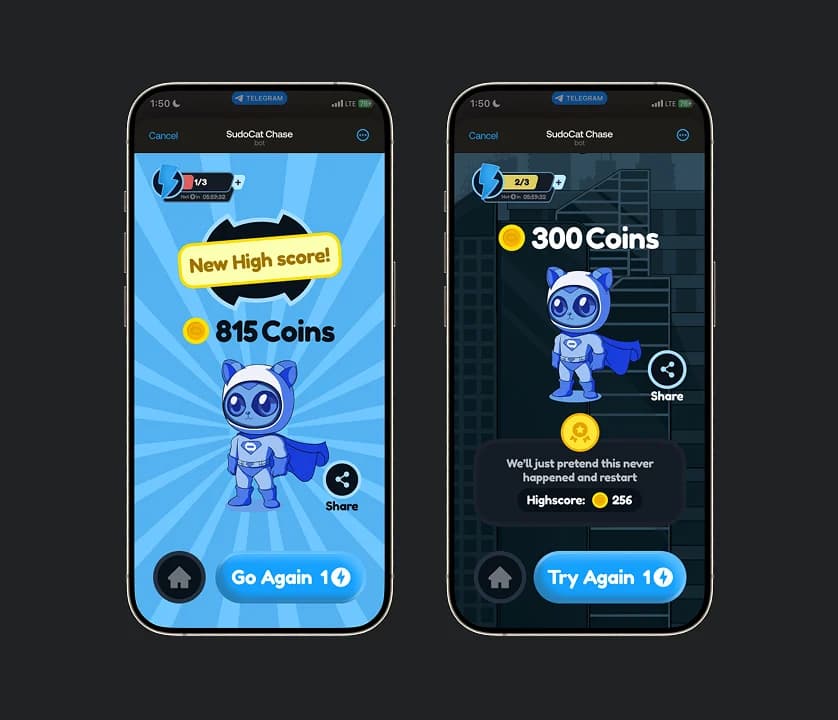Two end-of-run screens: a new high score of 815 coins with a share button, and a lower score of 300 coins offering a restart with the previous high score shown