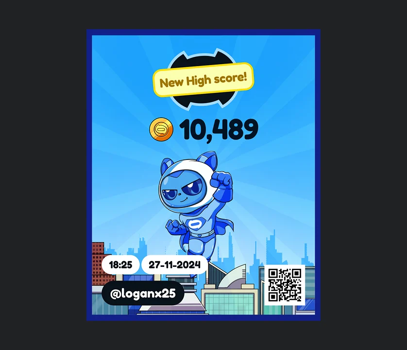 A shareable scorecard showing a new high score of 10,489 coins with the Sudocat mascot, a timestamp, the player handle, and a QR code