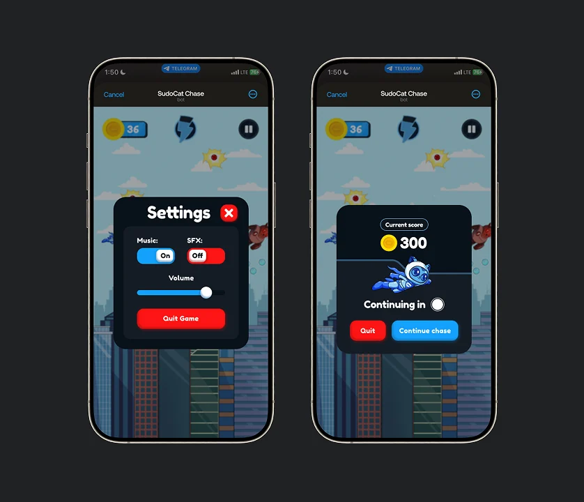 Two phone screens: a settings modal with music, SFX and volume controls, and a revive screen showing the current score with quit and continue chase options