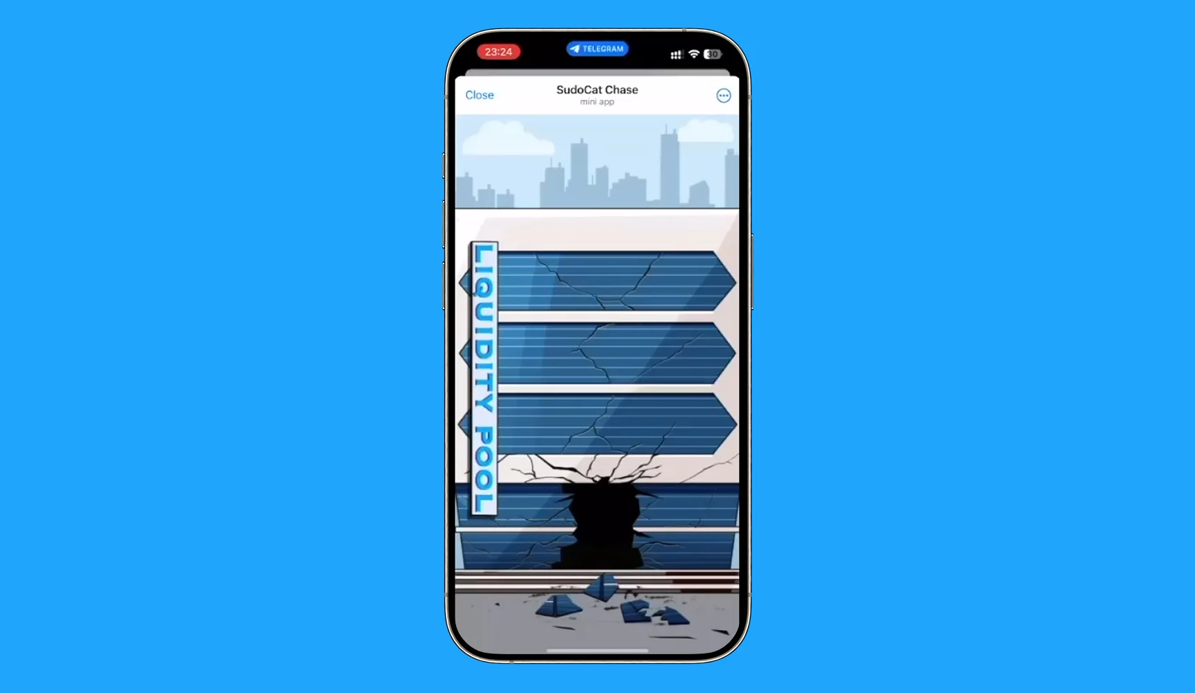 The game running as a Telegram mini app, showing a damaged high-rise labelled Liquidity Pool that the player flies through